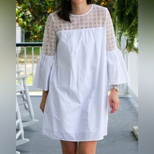 Who What Wear White Eyelet Bell Sleeve Dress (XS) fully lined; cotton
